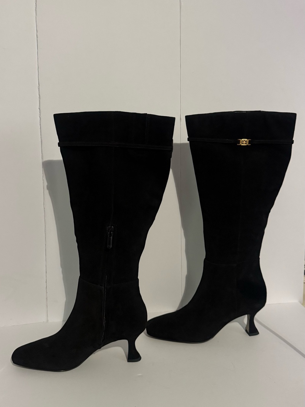 Sam Edelman Black Suede Knee-High Heeled Boots with Gold Accents size 7.5